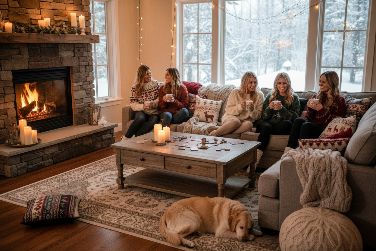 ambiente invernale, confortevole, gruppo di amiche