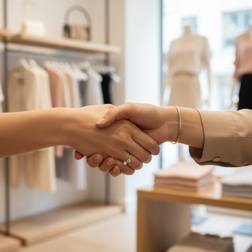stretta di mano professionale in negozio abbigliamento. zoom sulle mani di donna
